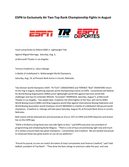 ESPN to Exclusively Air Two Top Rank Championship Fights in August