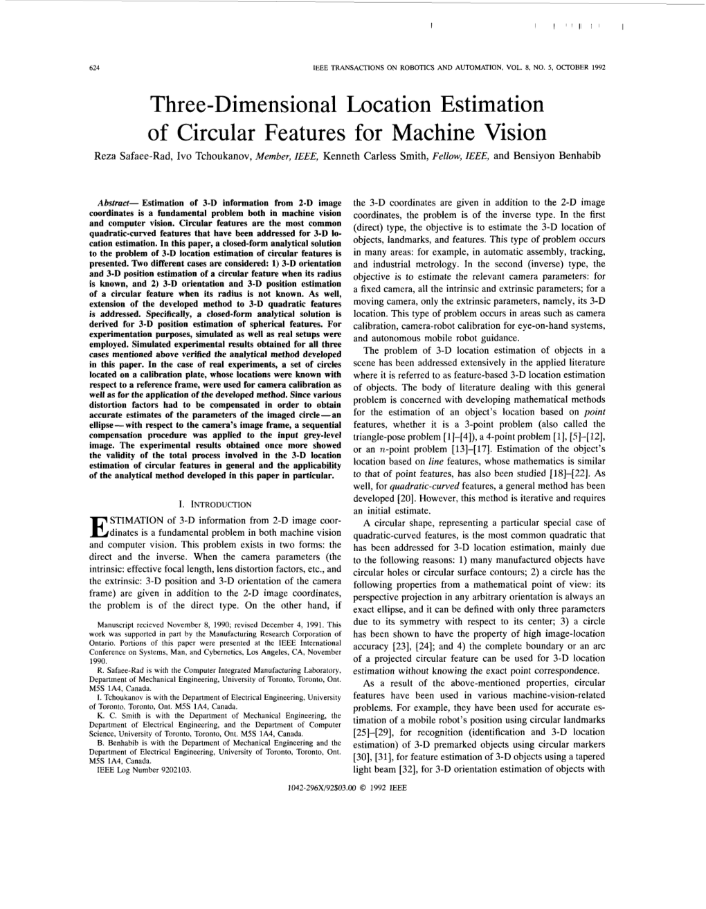 Three-Dimensional Location Estimation of Circular Features for Machine Vision