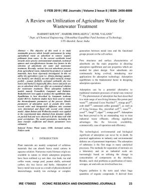 A Review on Uttilization of Agriculture Waste for Wastewater Treatment