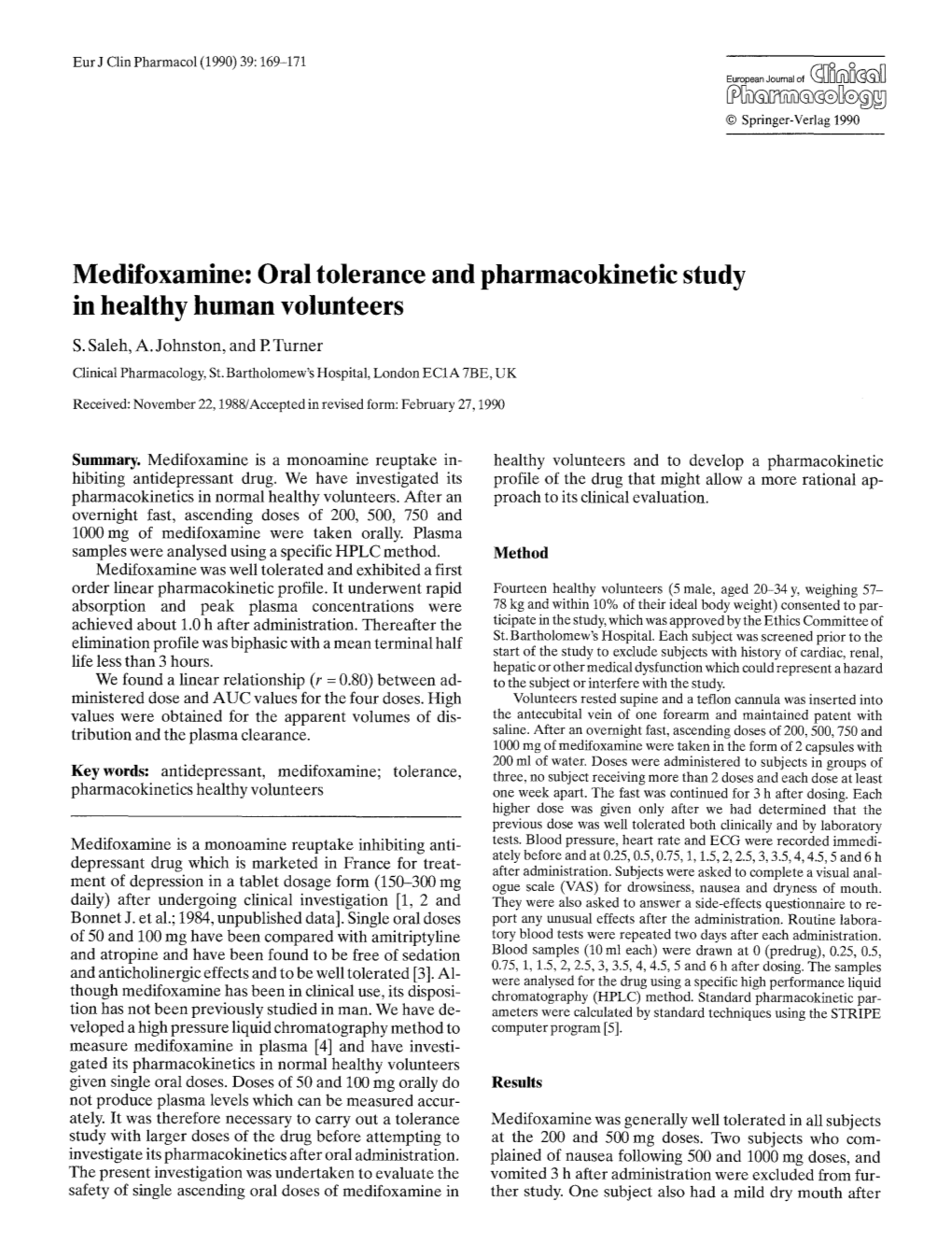 Medifoxamine: Oral Tolerance and Pharmacokinetic Study in Healthy Human Volunteers