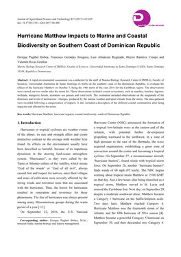Hurricane Matthew Impacts to Marine and Coastal Biodiversity on Southern Coast of Dominican Republic