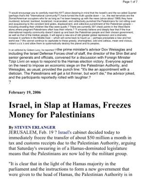 Israel, in Slap at Hamas, Freezes Money for Palestinians