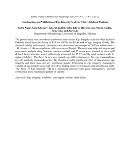 Construction and Validation of Ego Integrity Scale for Older Adults of Pakistan Sidra Nazir, Saba Ghayas*, Ghazal Andleb, Sidra