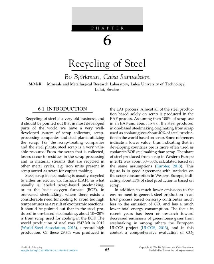 Recycling of Steel Bo Bjo¨Rkman, Caisa Samuelsson Mimer E Minerals and Metallurgical Research Laboratory, Lulea˚ University of Technology, Lulea˚, Sweden