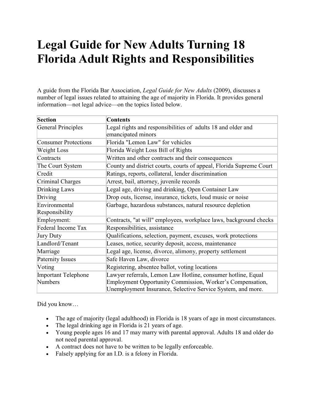 Legal Guide for New Adults Turning 18 Florida Adult Rights and Responsibilities