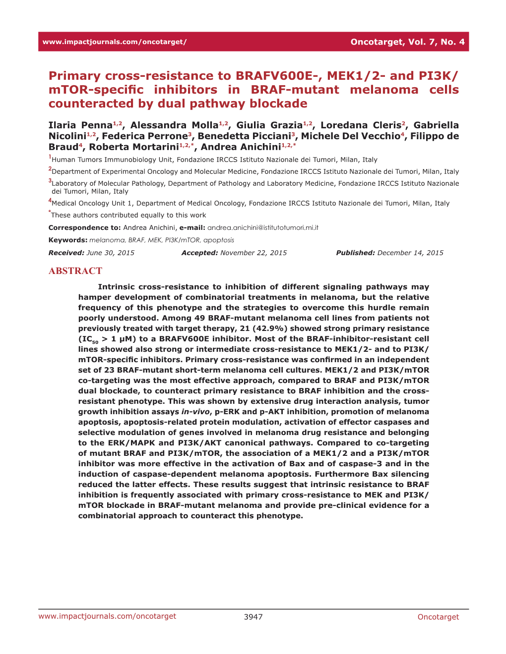 Mtor-Specific Inhibitors in BRAF-Mutant Melanoma Cells Counteracted by Dual Pathway Blockade