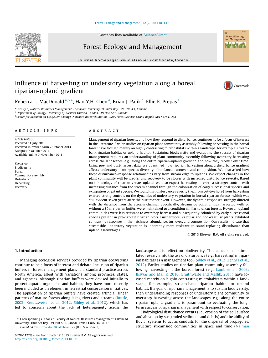 Influence of Harvesting on Understory Vegetation Along a Boreal Riparian