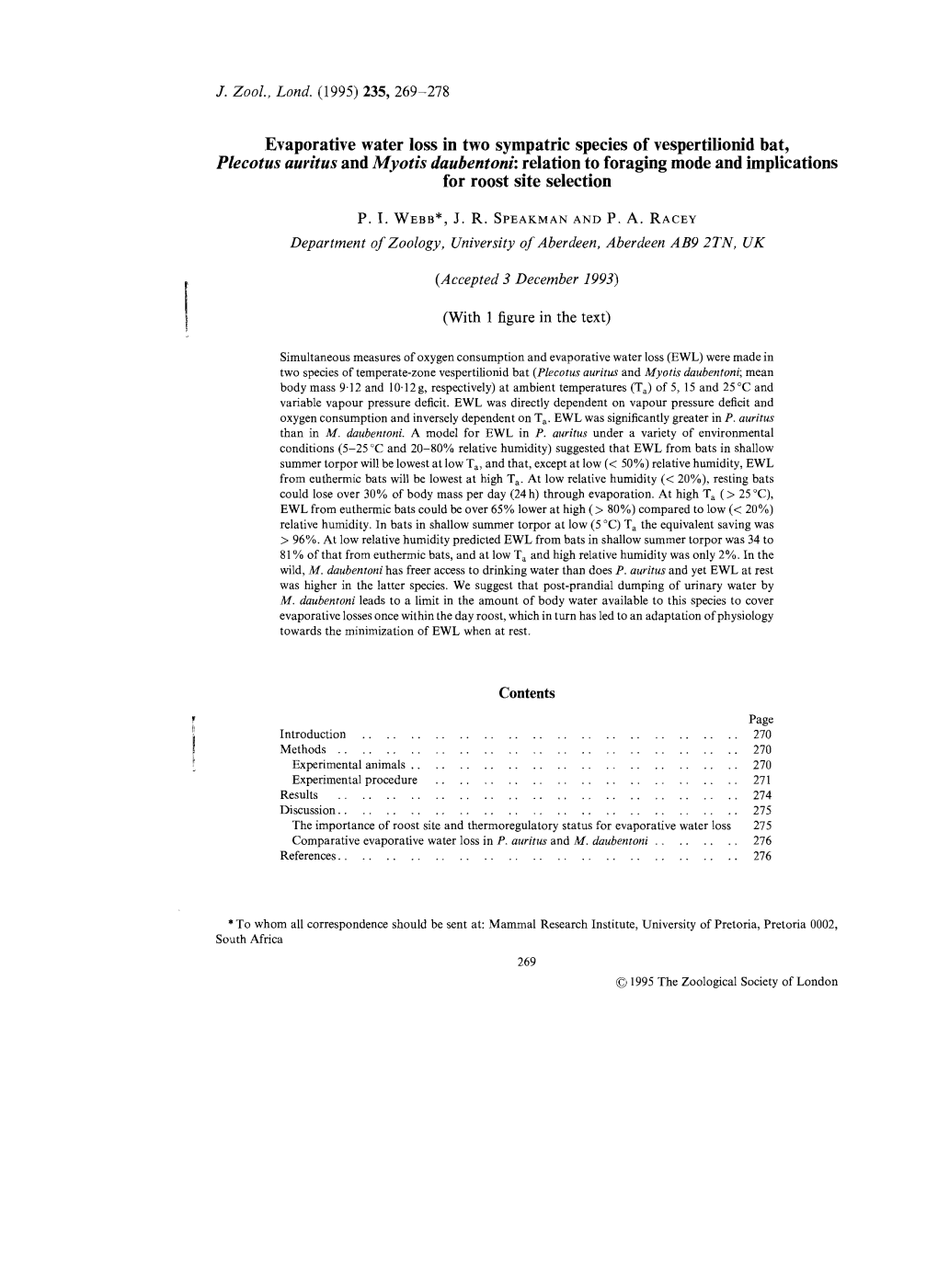 Evaporative Water Loss in Two Sympatric