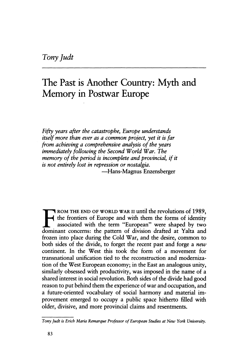 The Past Is Another Country: Myth and Memory in Postwar Europe