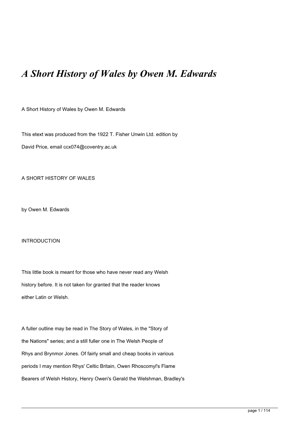 A Short History of Wales by Owen M. Edwards</H1>