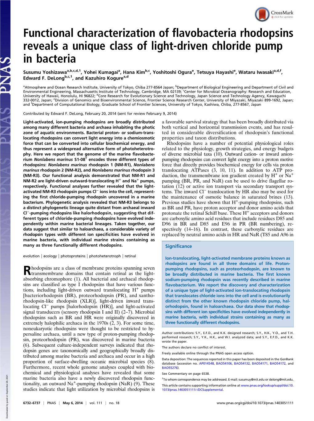 Functional Characterization of Flavobacteria Rhodopsins Reveals a Unique Class of Light-Driven Chloride Pump in Bacteria