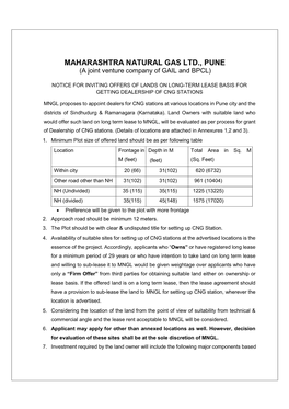 MAHARASHTRA NATURAL GAS LTD., PUNE (A Joint Venture Company of GAIL and BPCL)