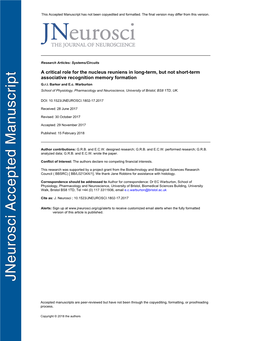 A Critical Role for the Nucleus Reuniens in Long-Term, but Not Short-Term Associative Recognition Memory Formation G.R.I