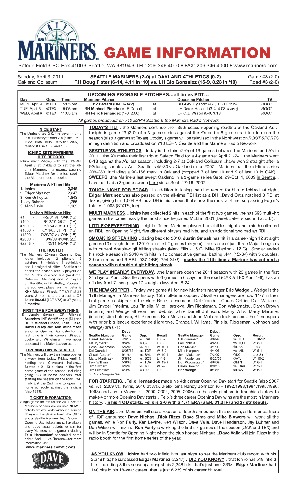 04-03-2011 Mariners Notes