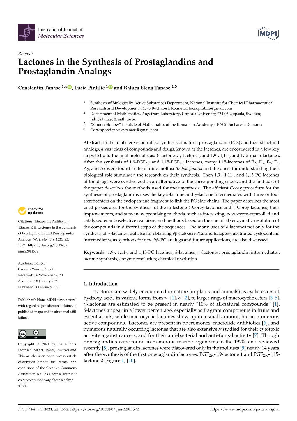 Lactones in the Synthesis of Prostaglandins and Prostaglandin Analogs