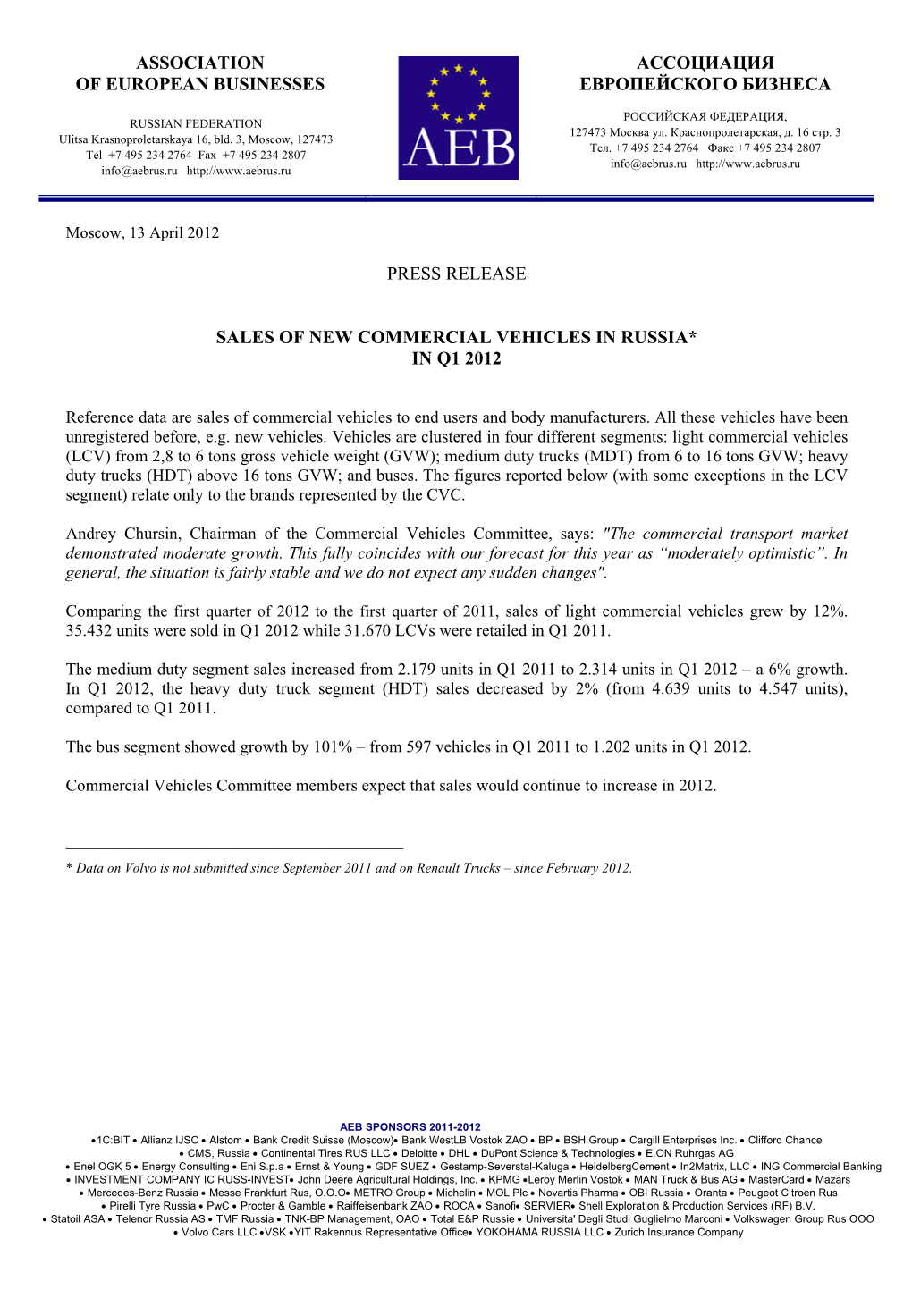 Press Release Sales of New Commercial Vehicles In