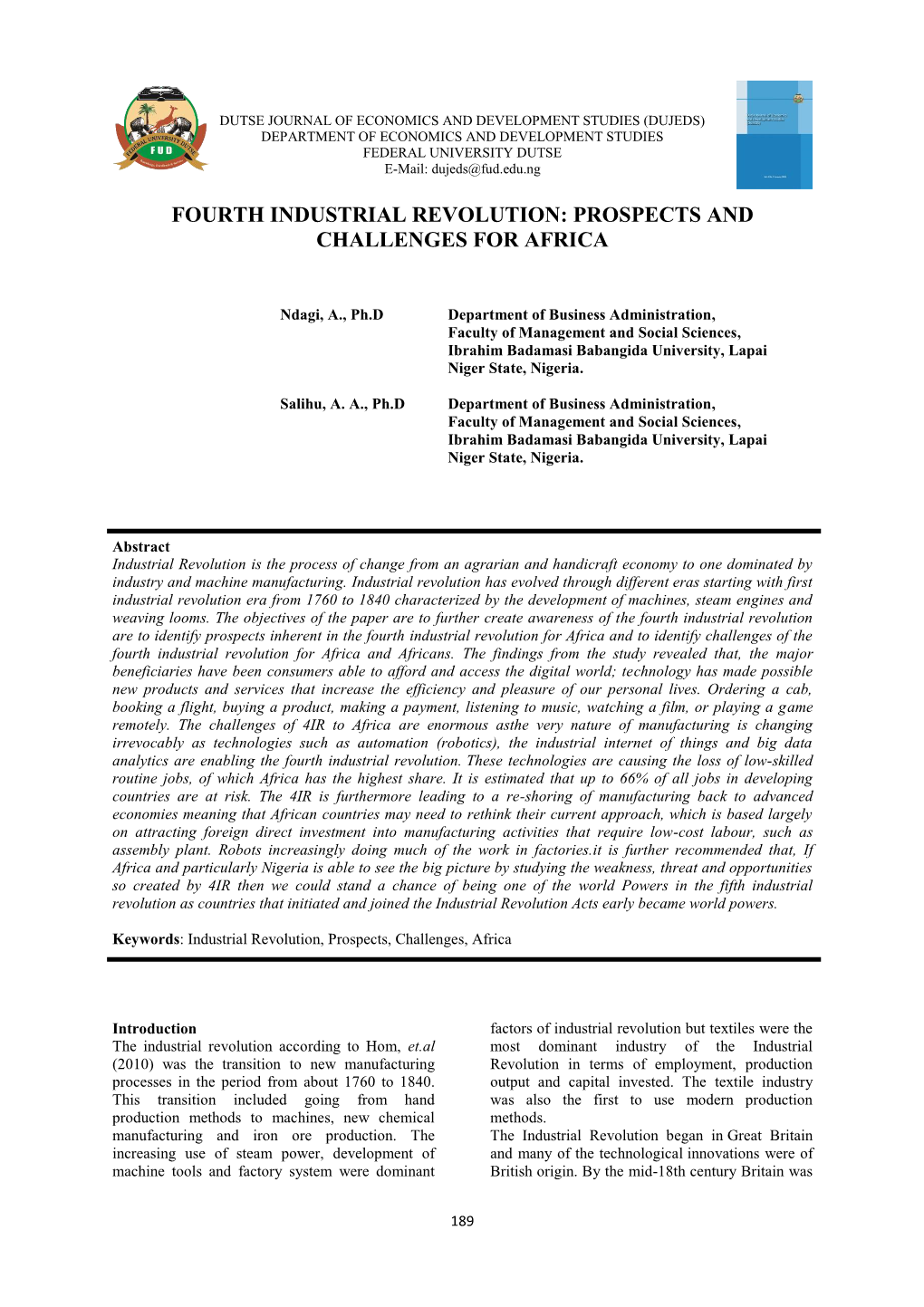 Fourth Industrial Revolution: Prospects and Challenges for Africa