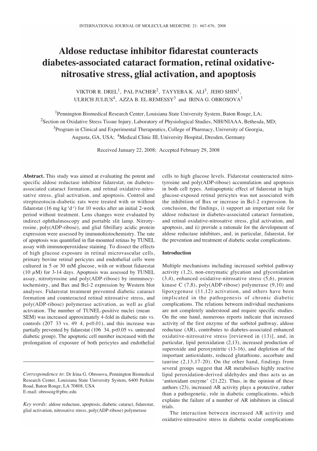 Aldose Reductase Inhibitor Fidarestat Counteracts Diabetes-Associated Cataract Formation, Retinal Oxidative- Nitrosative Stress, Glial Activation, and Apoptosis