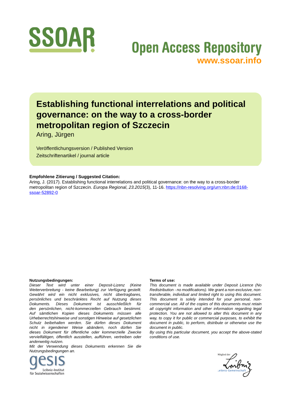 Establishing Functional Interrelations and Political Governance: on the Way to a Cross-Border Metropolitan Region of Szczecin Aring, Jürgen