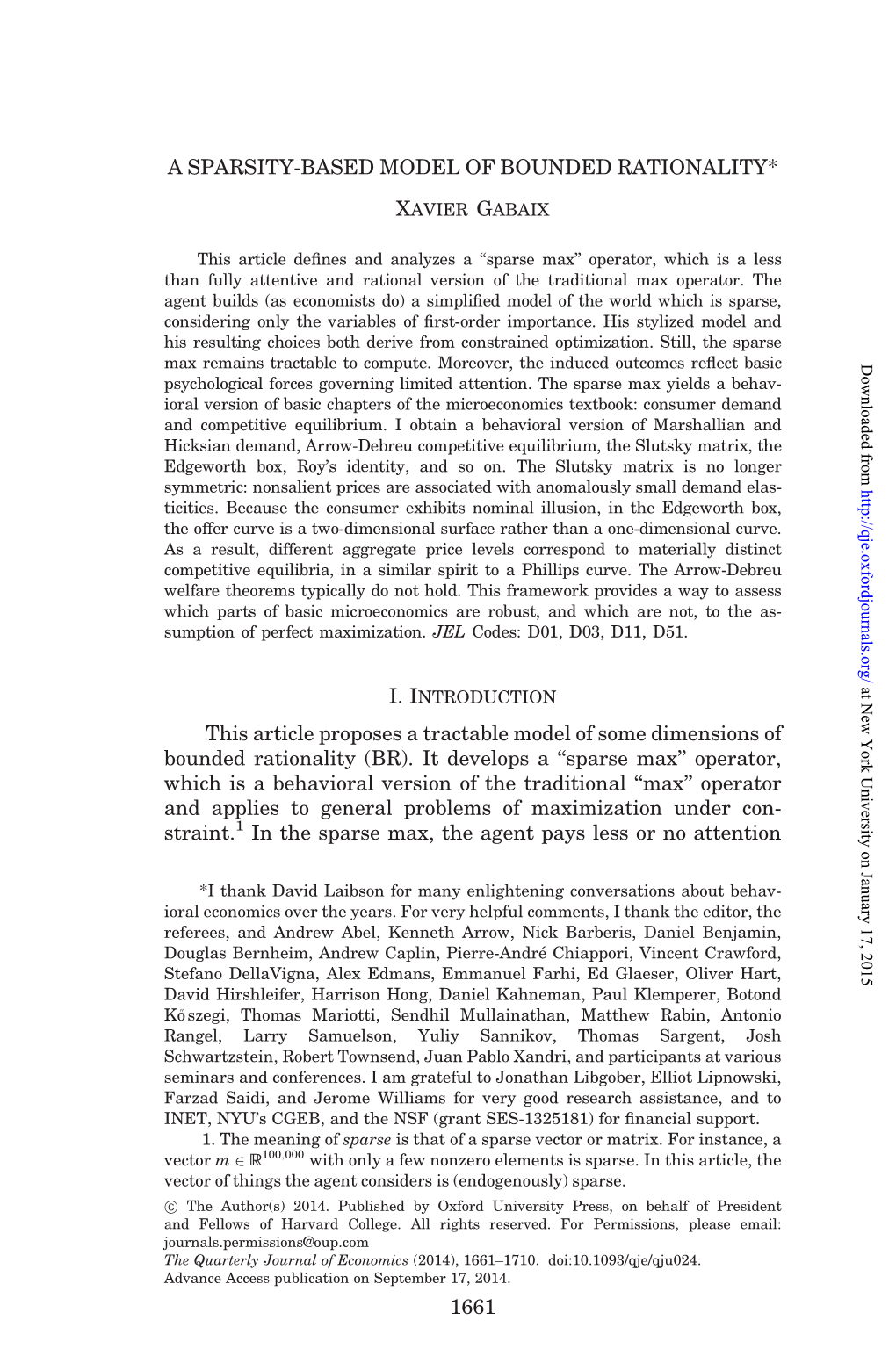 A SPARSITY-BASED MODEL of BOUNDED RATIONALITY* Xavier Gabaix