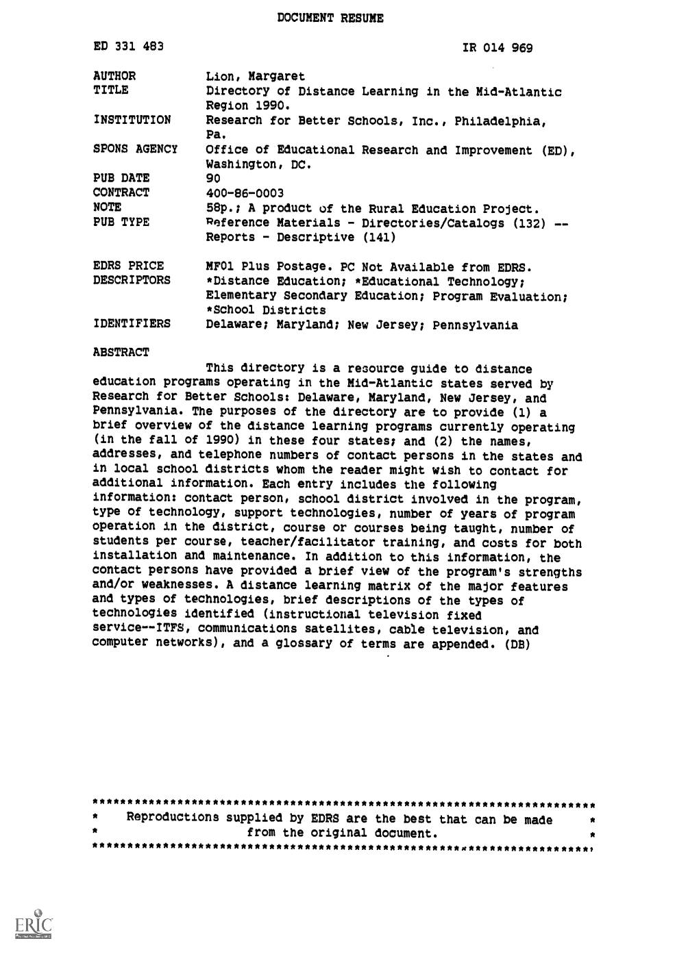 Directory of Distance Learning in the Mid-Atlantic Region 1990