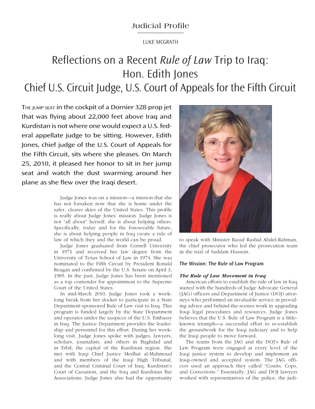 Reflections on a Recent Rule of Law Trip to Iraq: Hon. Edith Jones Chief U.S
