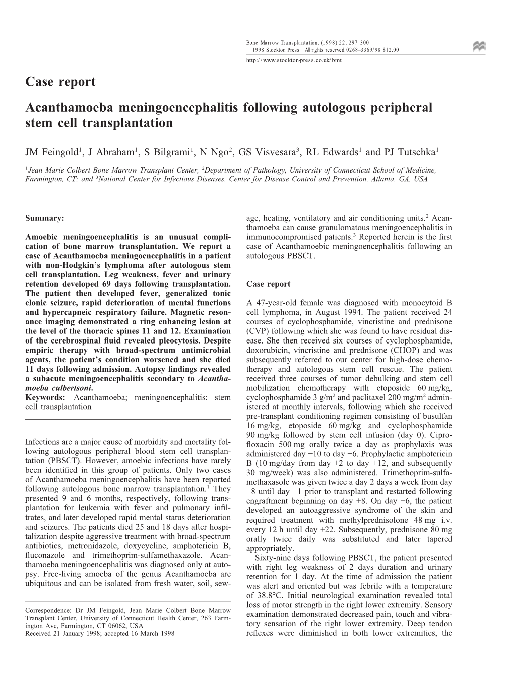 Case Report Acanthamoeba Meningoencephalitis Following Autologous Peripheral Stem Cell Transplantation