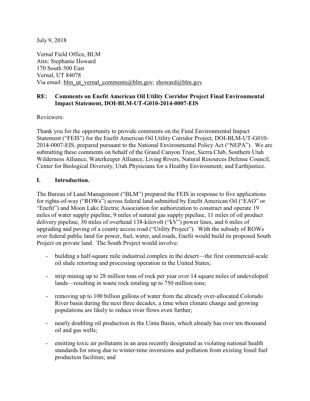 Comments on Enefit American Oil Utility Corridor Project Final Environmental Impact Statement, DOI-BLM-UT-G010-2014-0007-EIS