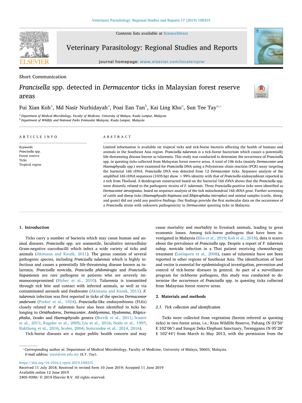 Francisella Spp. Detected in Dermacentor Ticks in Malaysian