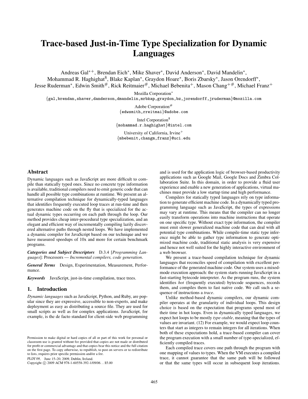 Trace-Based Just-In-Time Type Specialization for Dynamic Languages