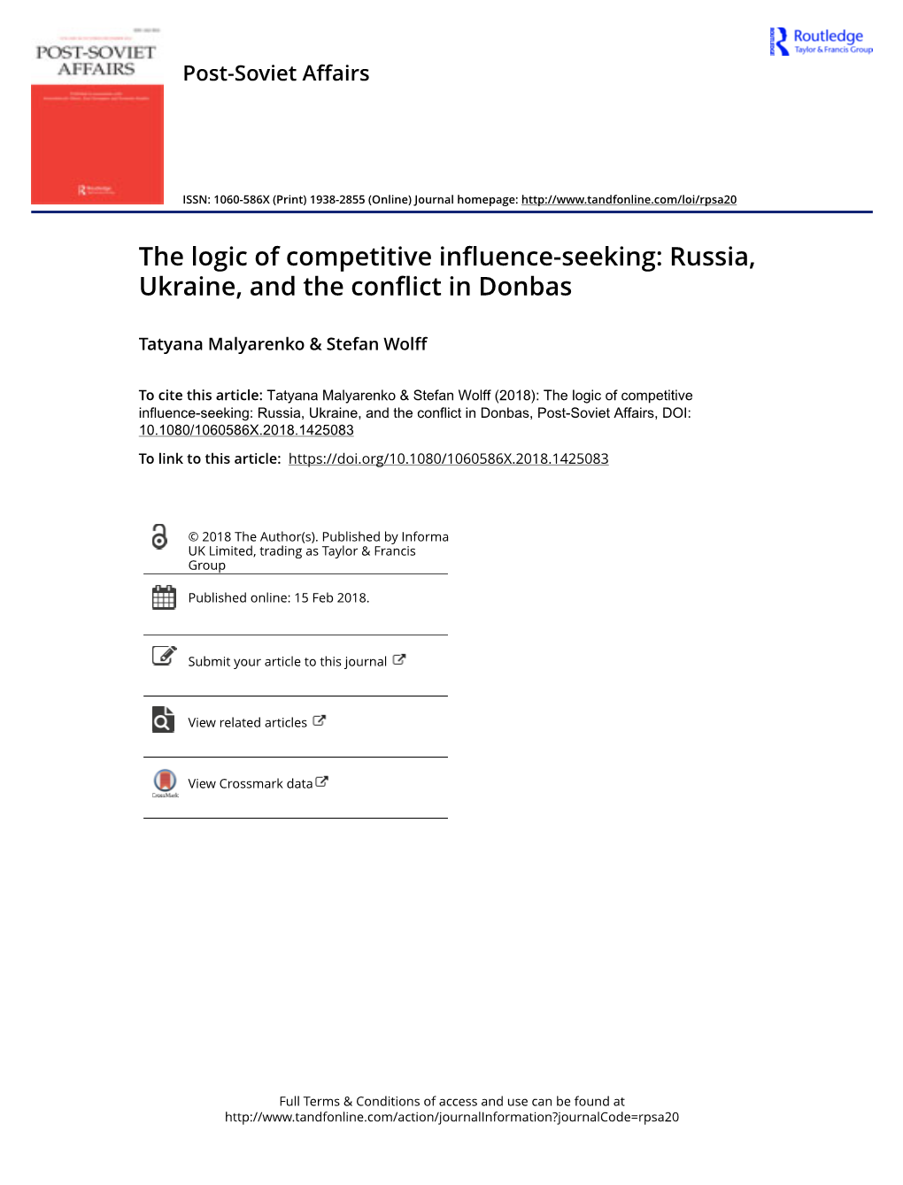 The Logic of Competitive Influence-Seeking: Russia, Ukraine, and the Conflict in Donbas