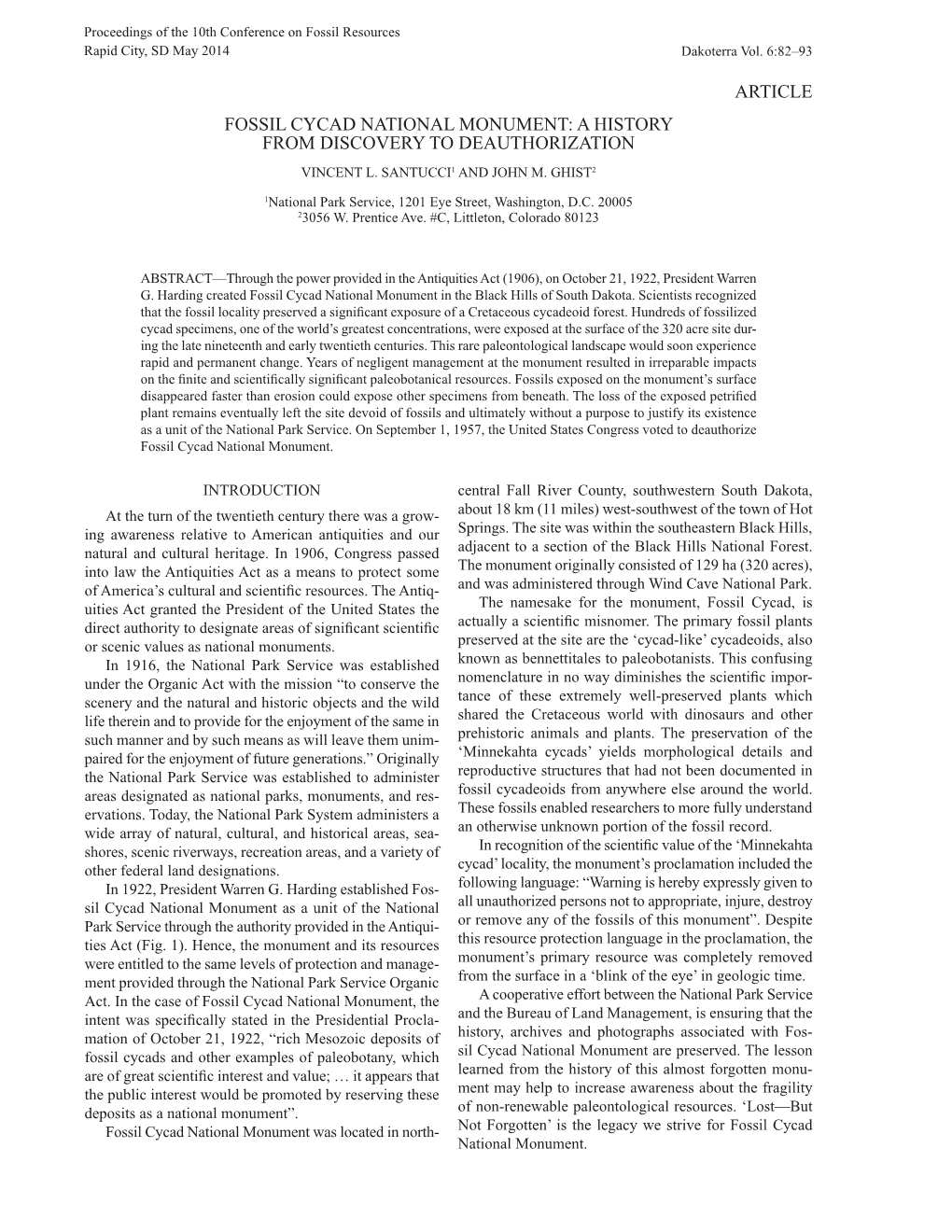 Article Fossil Cycad National Monument: a History from Discovery to Deauthorization Vincent L