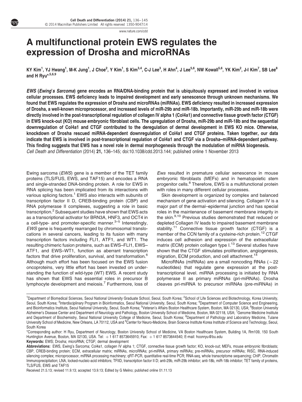 A Multifunctional Protein EWS Regulates the Expression of Drosha and Micrornas