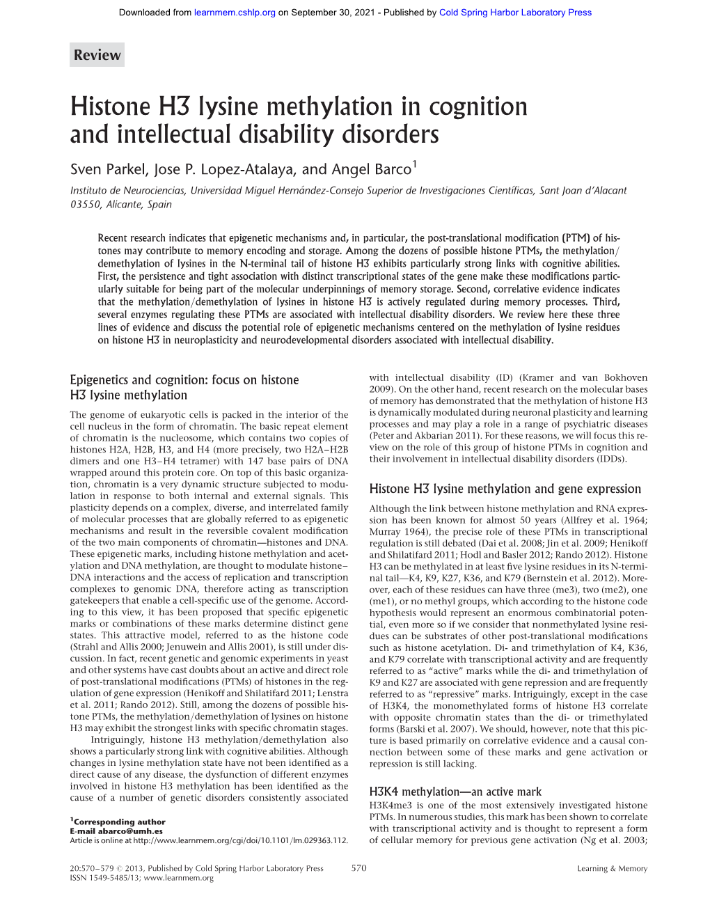 Histone H3 Lysine Methylation in Cognition and Intellectual Disability Disorders