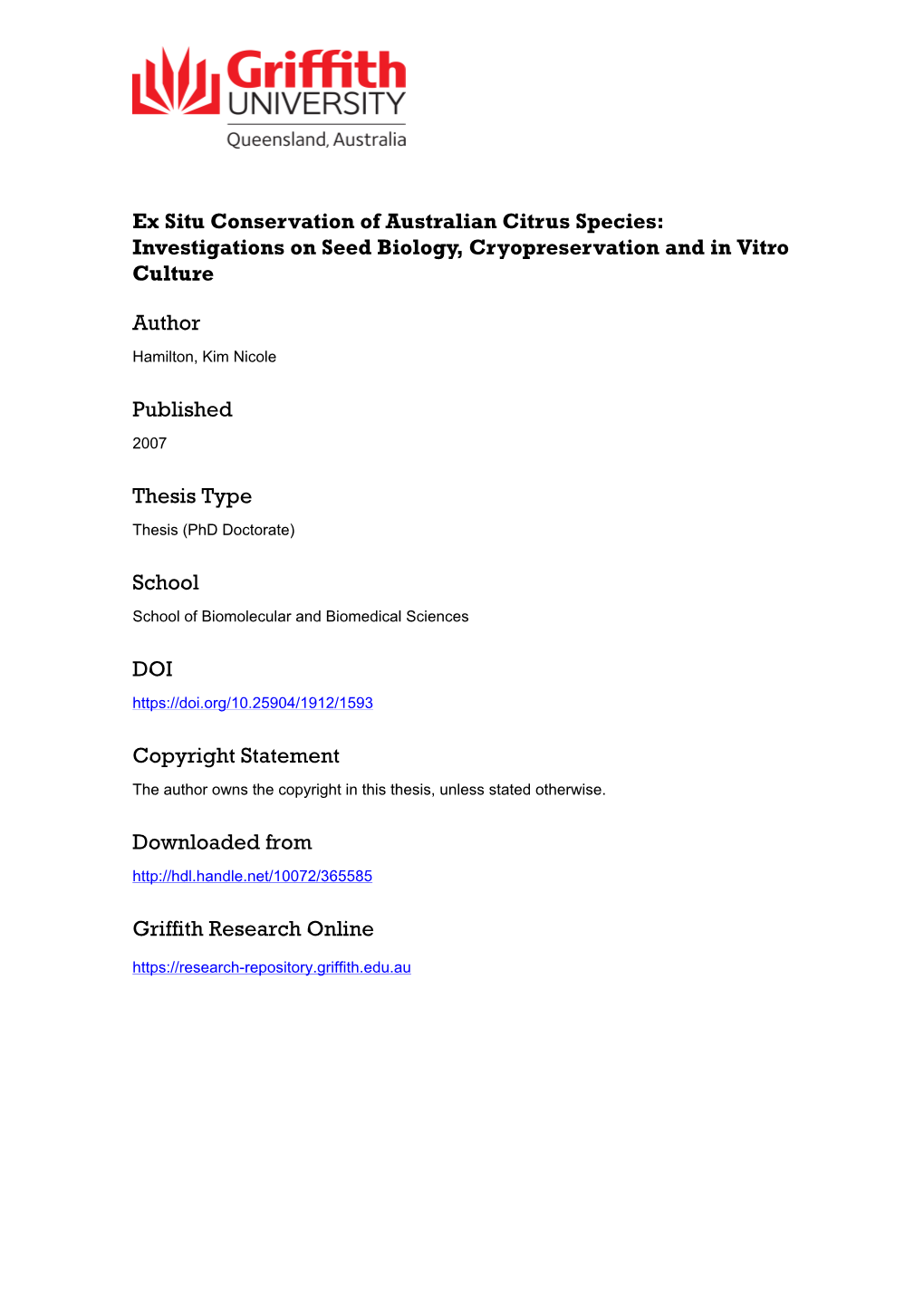 Ex Situ Conservation of Australian Citrus Species: Investigations on Seed Biology, Cryopreservation and in Vitro Culture