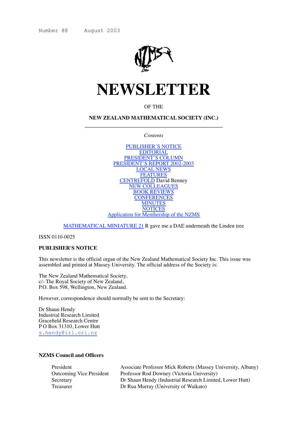 New Zealand Mathematical Society Newsletter Number 88, August 2003