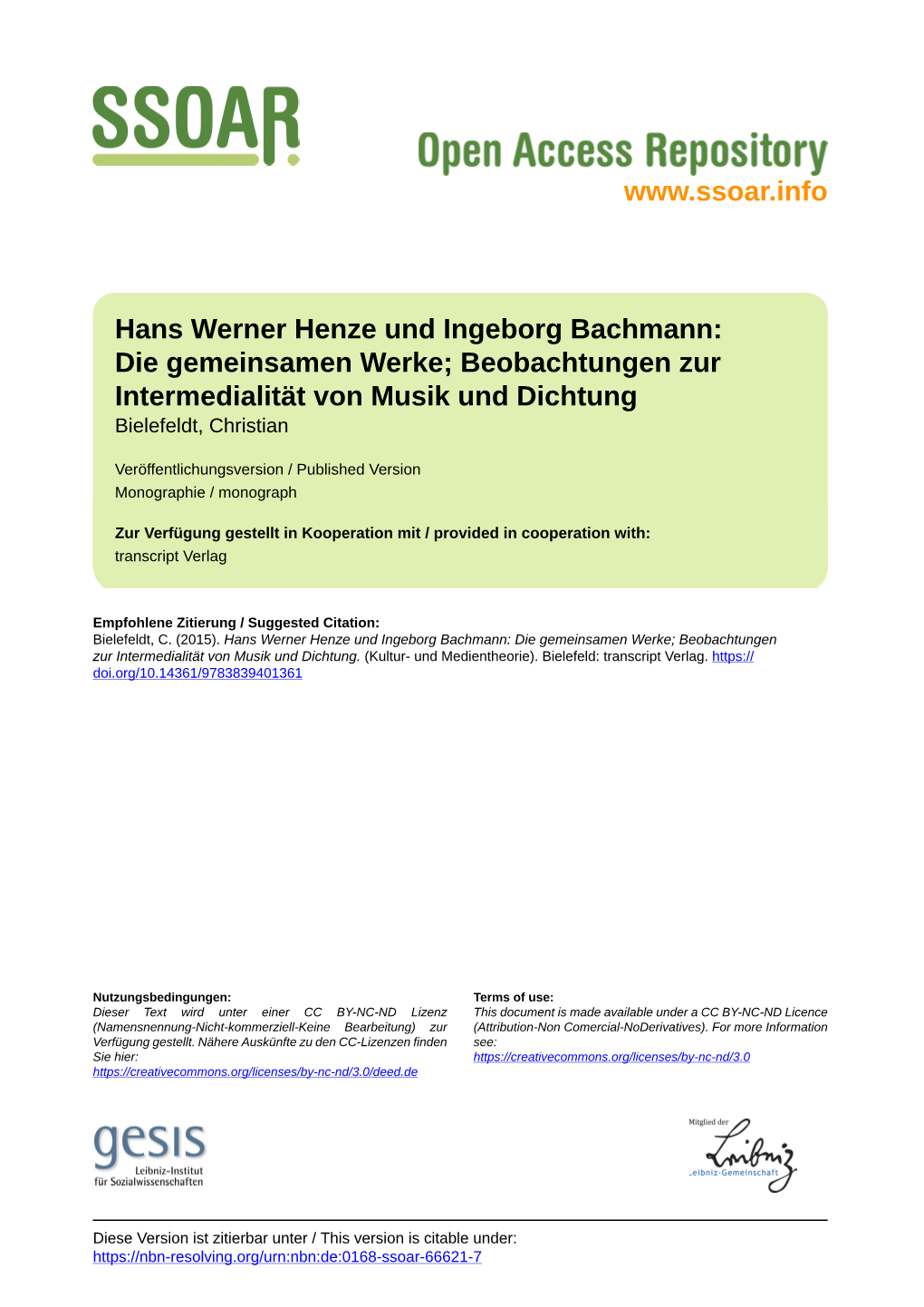 Hans Werner Henze Und Ingeborg Bachmann: Die Gemeinsamen Werke; Beobachtungen Zur Intermedialität Von Musik Und Dichtung Bielefeldt, Christian