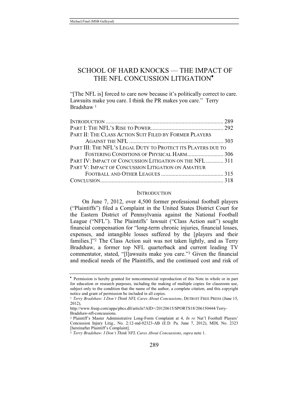 School of Hard Knocks — the Impact of the Nfl Concussion Litigation