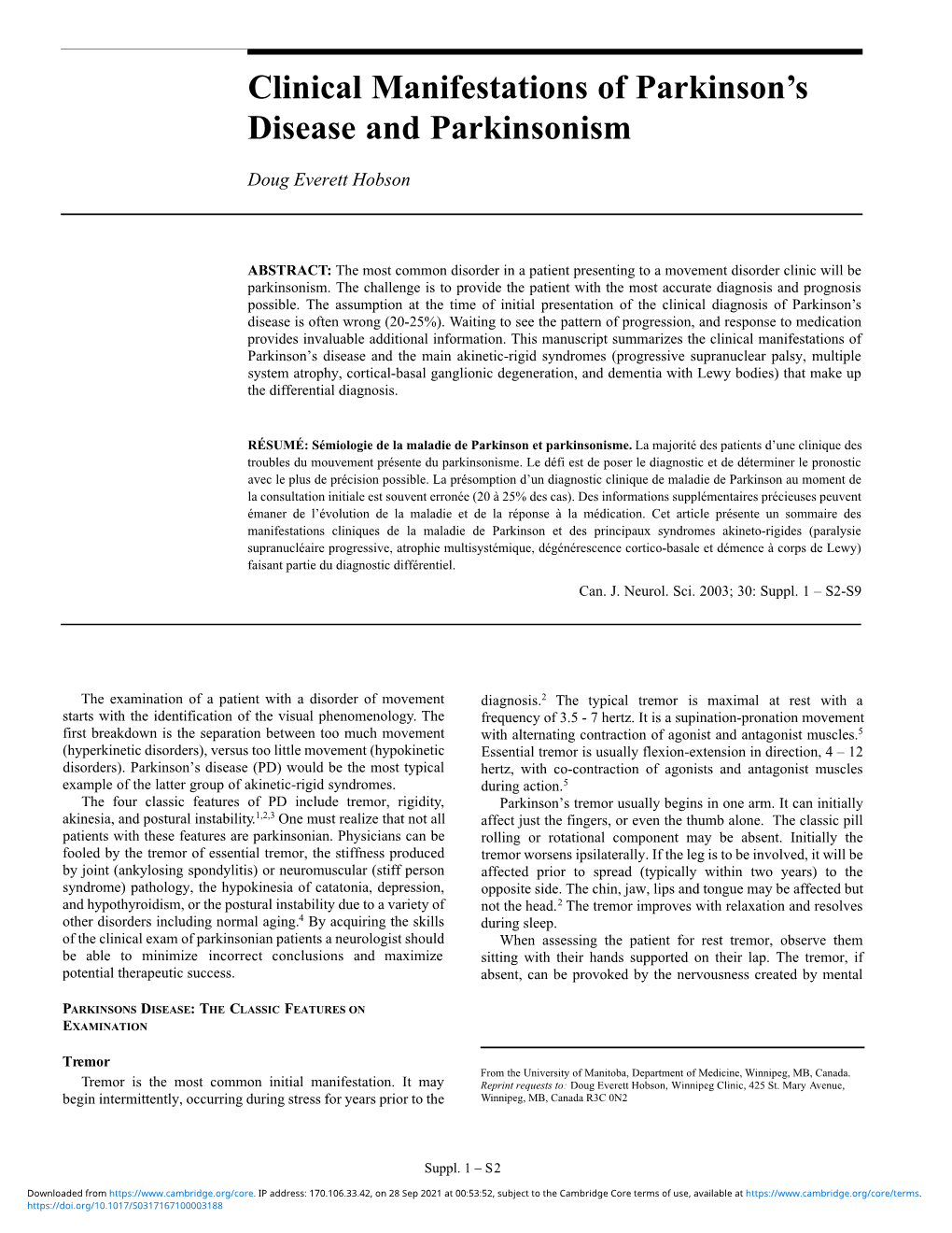 Clinical Manifestations of Parkinson's Disease and Parkinsonism