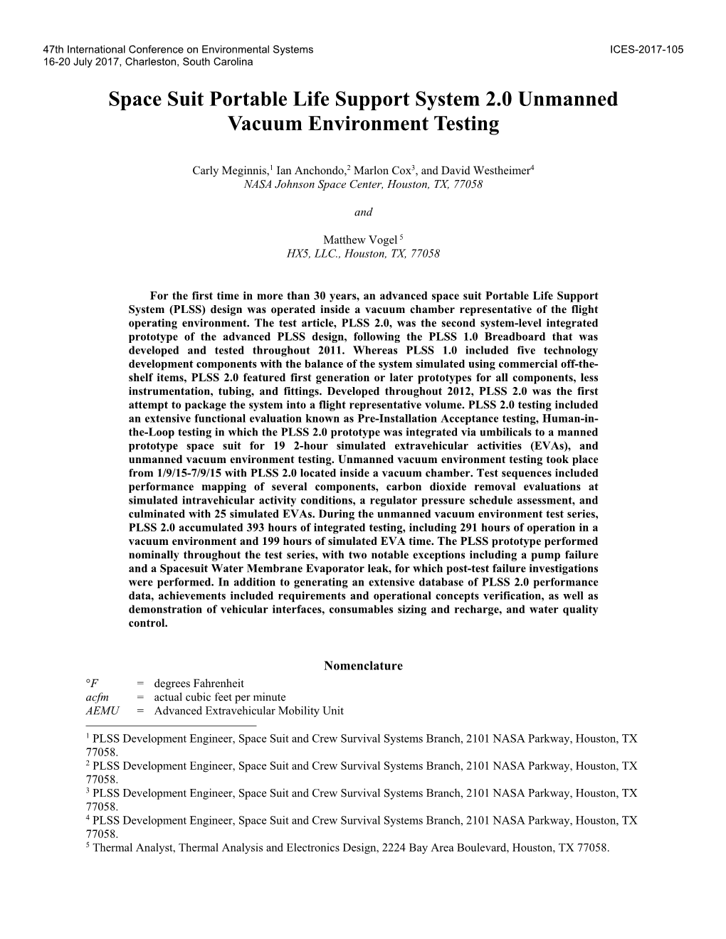 Space Suit Portable Life Support System 2.0 Unmanned Vacuum Environment Testing