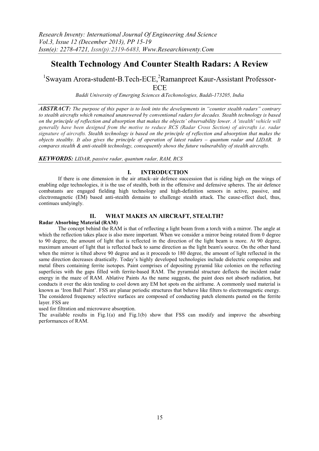 Stealth Technology and Counter Stealth Radars: a Review