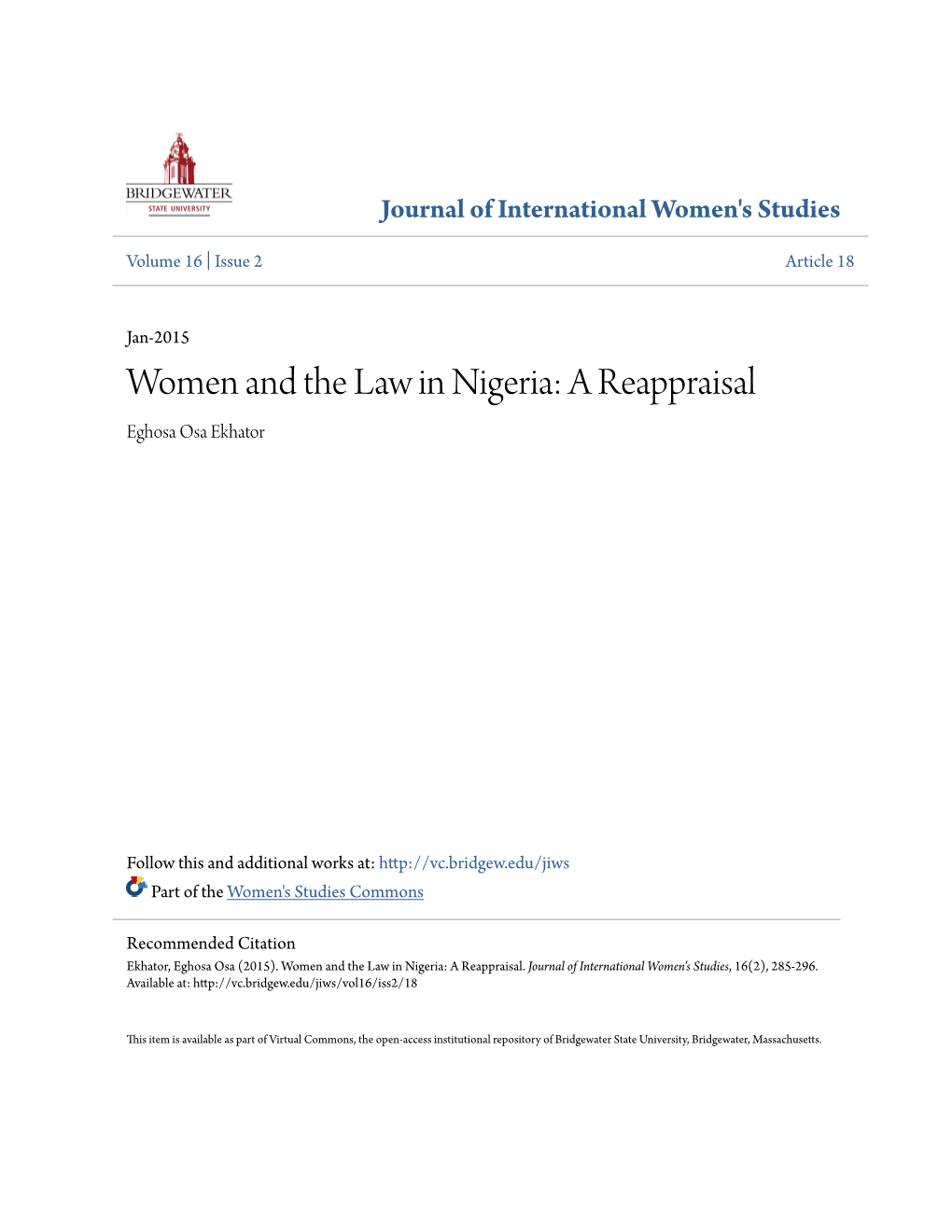 Women and the Law in Nigeria: a Reappraisal Eghosa Osa Ekhator