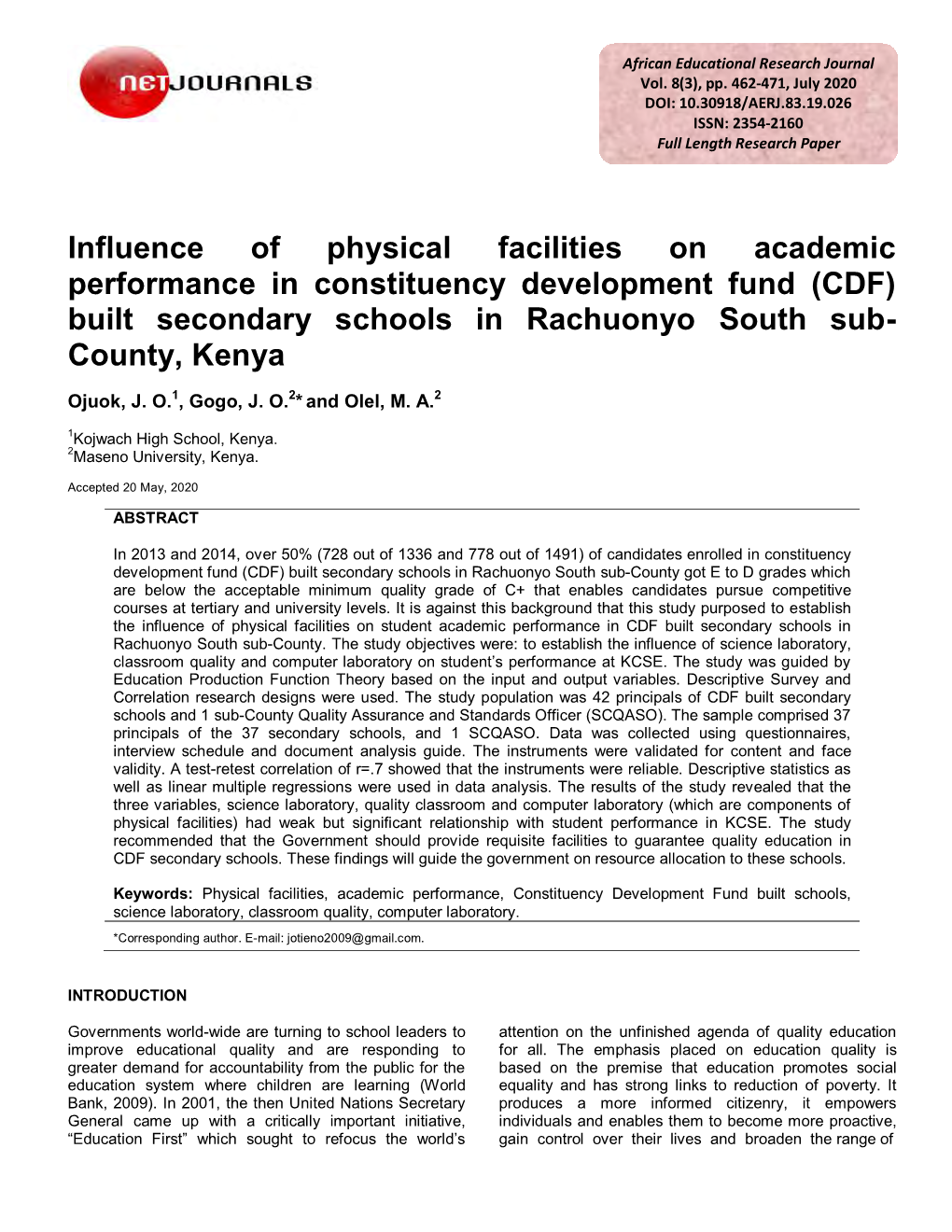 Influence of Physical Facilities on Academic Performance in Constituency Development Fund (CDF) Built Secondary Schools in Rachuonyo South Sub- County, Kenya