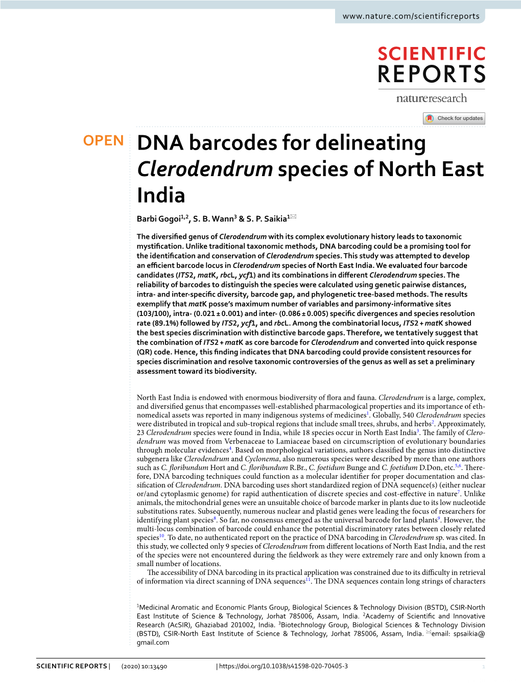 DNA Barcodes for Delineating Clerodendrum Species of North East India Barbi Gogoi1,2, S
