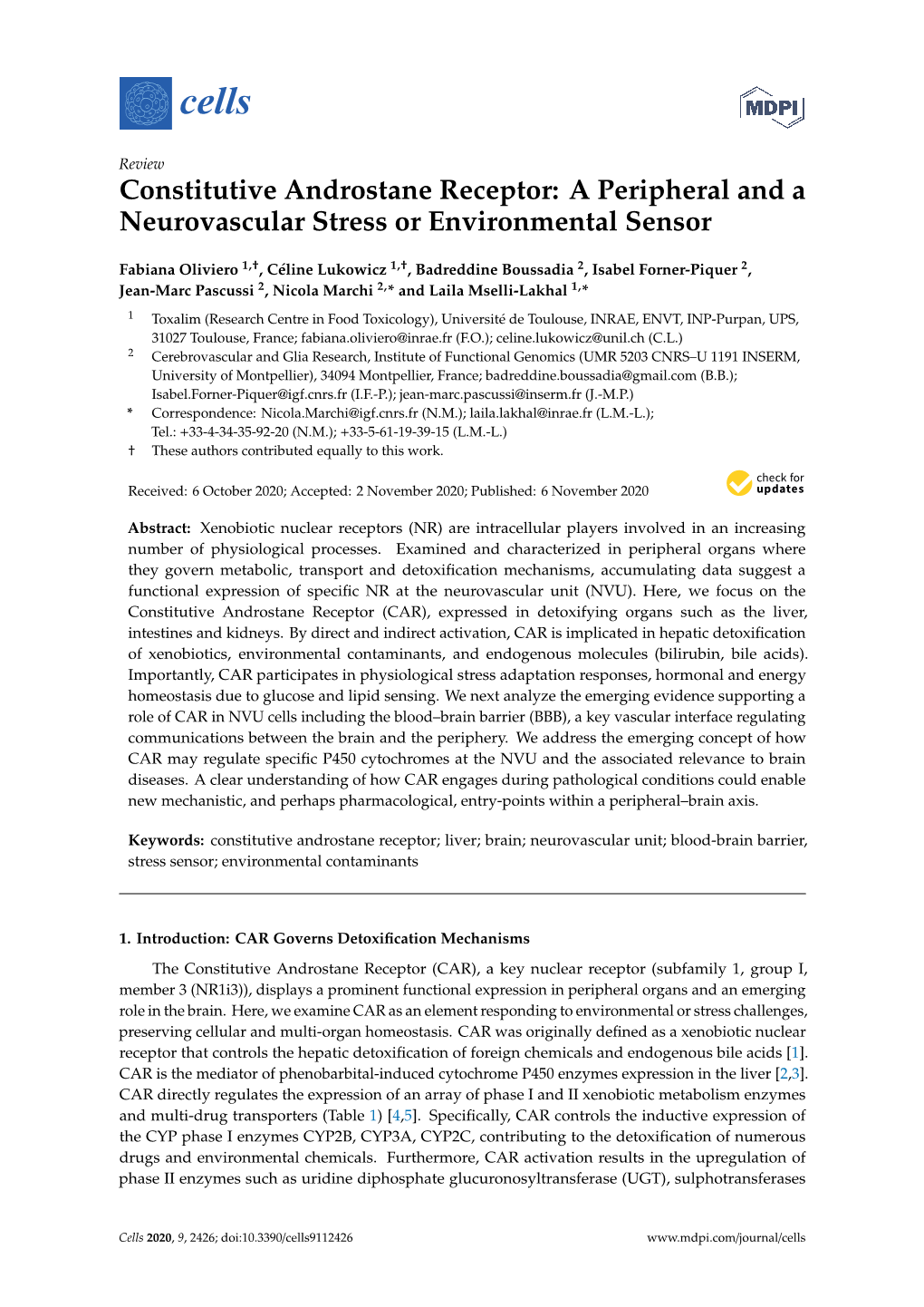 Constitutive Androstane Receptor: a Peripheral and a Neurovascular Stress Or Environmental Sensor