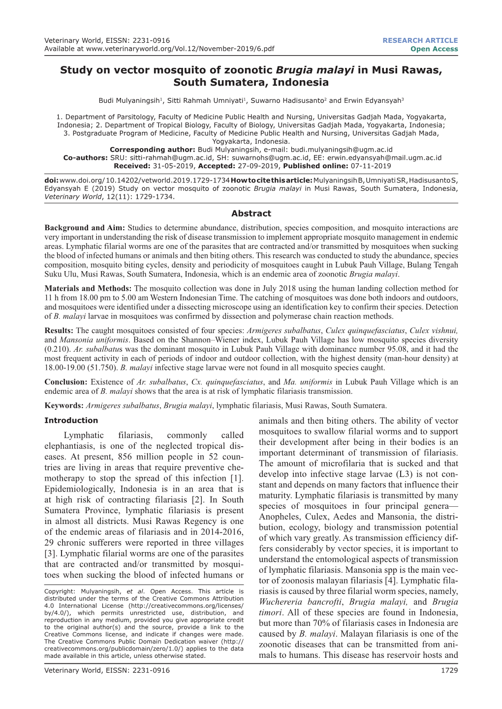 Study on Vector Mosquito of Zoonotic Brugia Malayi in Musi Rawas, South Sumatera, Indonesia