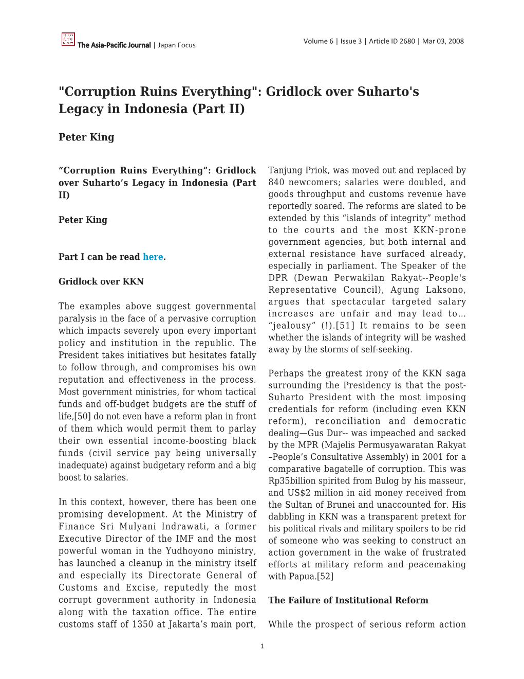 "Corruption Ruins Everything": Gridlock Over Suharto's Legacy in Indonesia (Part II)