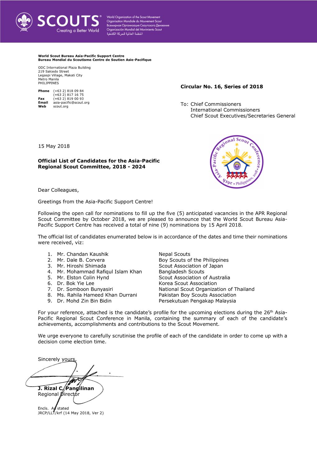 Circular No. 16, Series of 2018 To: Chief Commissioners International