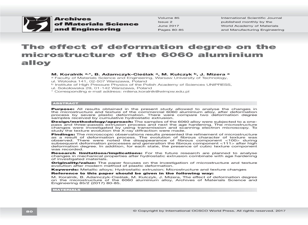 The Effect of Deformation Degree on the Microstructure of the 6060 Aluminium Alloy