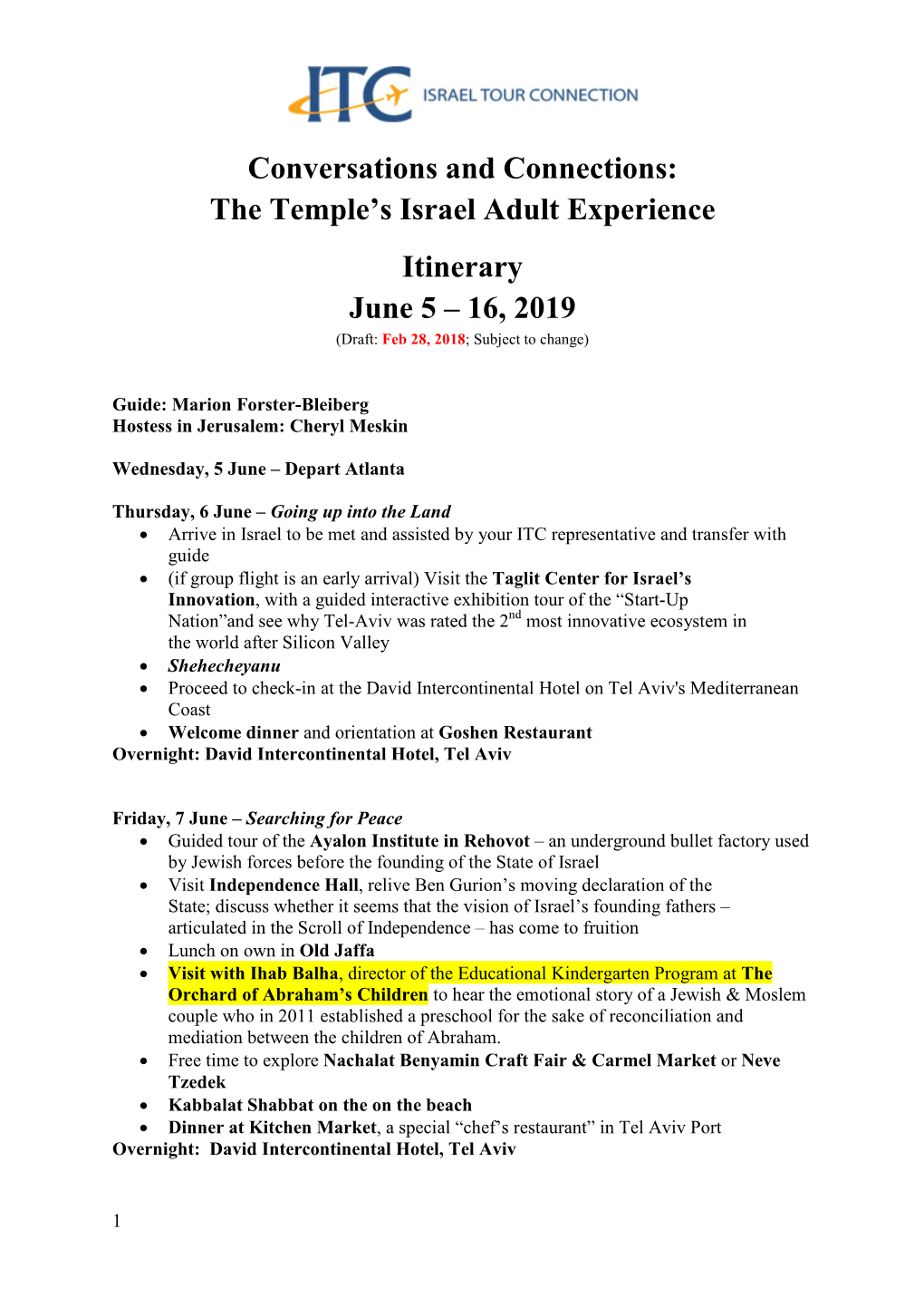 Conversations and Connections: the Temple's Israel Adult Experience Itinerary June 5